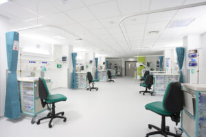 An artists impression of the new Elective Orthopaedic Centre, showing the interior patient stations for treatment.