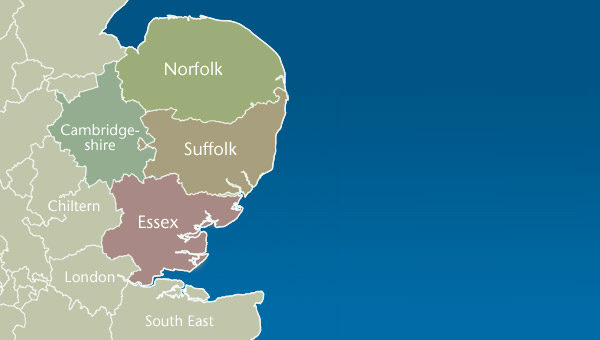 East Anglia counties map showing Norfolk, Suffolk, Essex and Cambridgeshire