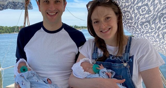 Photograph of parents Alex and Jane Askew with their twin babies Freddie and James