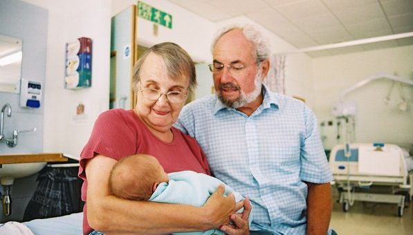 Jacky and John Hall meeting their grandson in Colchester Hospital 16 years ago
