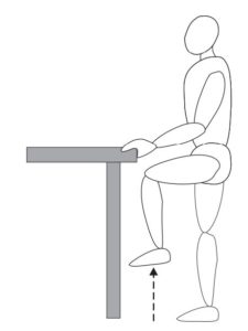 Hip flexion Stand upright, holding on to a firm support, such as a kitchen work surface or chair. Lift your operated leg up and down, bending your hip to where is comfortable. Repeat this 10 times, three times a day.
