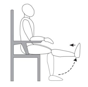 Sit on a chair. Straighten your operated leg and pull your toes up towards you, tightening your thigh muscles and straightening your knee. Hold for about five seconds, then slowly relax your leg. Repeat this 10 times, three times a day.