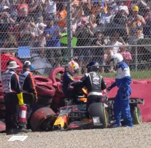 Dr Paul Carroll at British Grand Prix crash scene with Max Verstappen