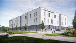 An artists impression of the new Elective Orthopaedic Centre, showing a modern building with three floors.