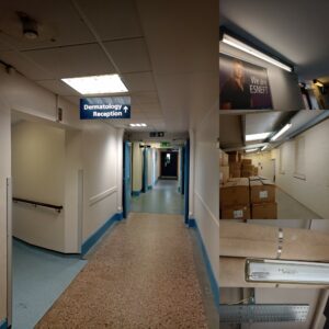 Group shot of lights in hospital corridor