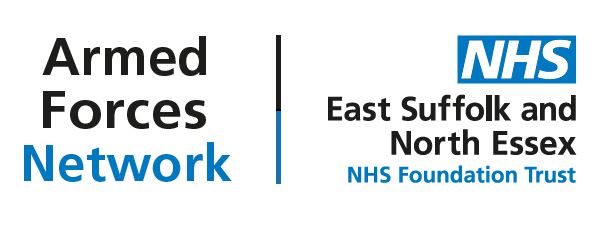 This is a logo which reads Armed Forces Network. Then there is a vertical line to the right of that text. The top half of the line is black and the bottom half is blue. To the right of that is a blue, white and black logo which reads NHS East Suffolk and North Essex NHS Foundation Trust.