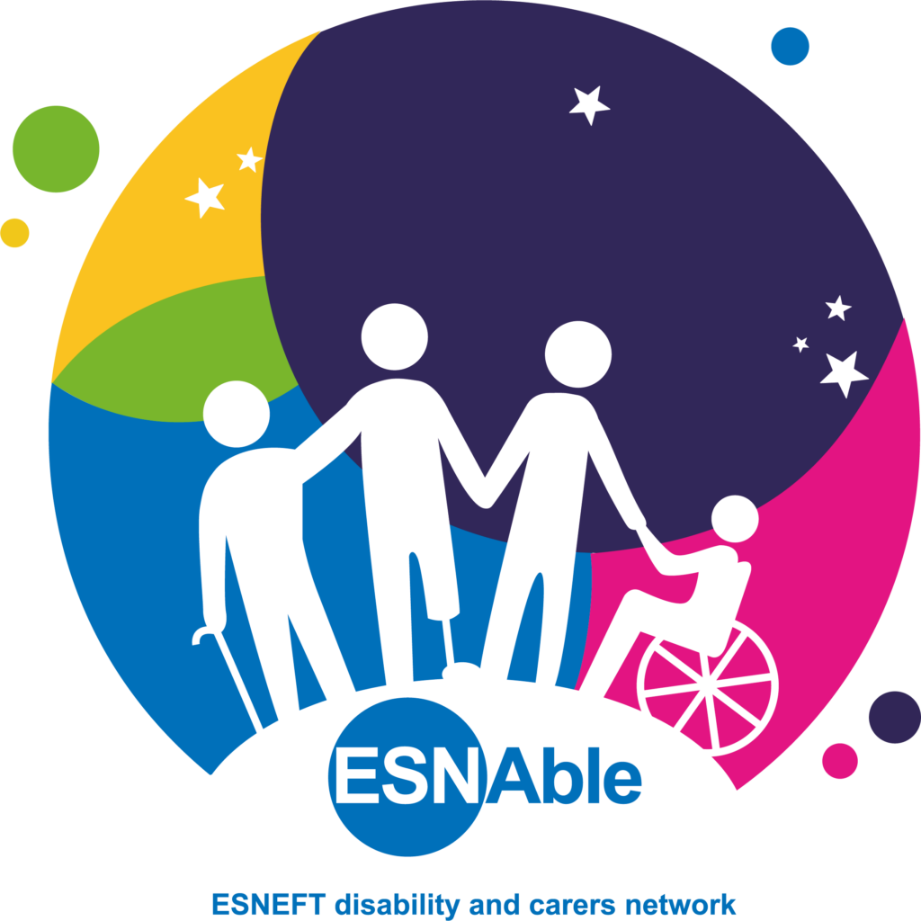 A colourful circular graphic features shapes in navy, pink, blue, green and yellow. At the bottom of the circle, against the background of the colours, are four white simple shapes of people. One has a walking stick, one has a prosthetic leg and one is in a wheelchair. Beneath them are the captions ESNAble and ESNEFT disability and carers network.