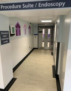 A corridor leading to an endoscopy suite at a hospital