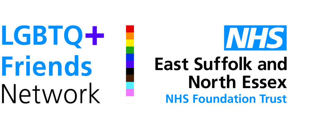 This is a logo which reads LGBTQ+ Friends Network. Then there is a vertical line to the right of that text made up of small squares of colours in red, orange, yellow, green, blue, purple, black, brown, light blue and pink. To the right of that is a blue, white and black logo which reads NHS East Suffolk and North Essex NHS Foundation Trust.