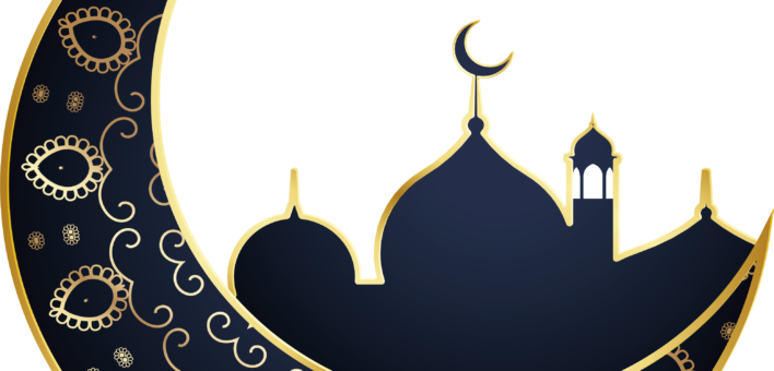 A crescent moon overlooking a mosque