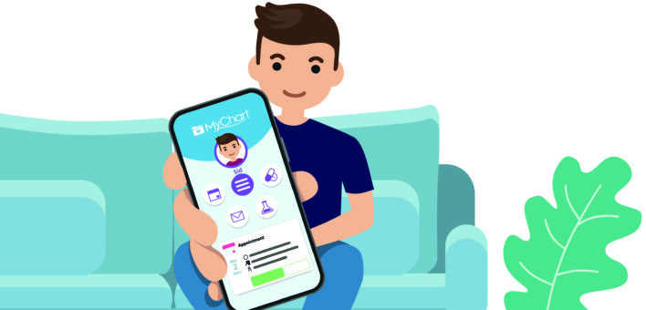 Cartoon graphic of a man sitting on a sofa and holding a mobile phone