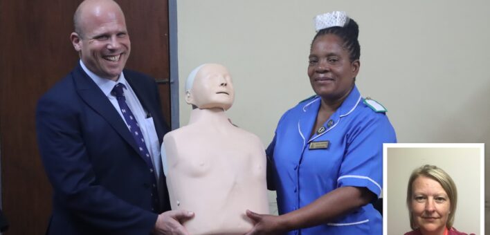 A photograph of a mannequin being handed over in Malawi from Prof Carter to a critical care nurse, and an inset picture of Emma Thomson from ESNEFT.