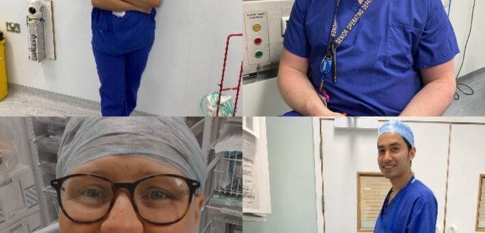Photo grid with four people all wearing blue theatre scrubs